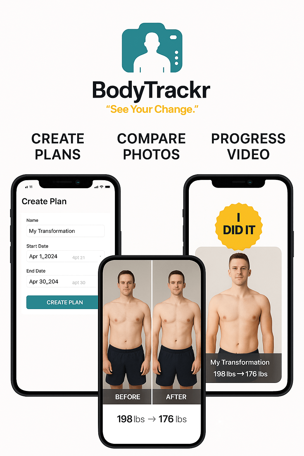 BodyTrackr App features overview: Create Plans, Compare Photos, Progress Videos, and Transformation Examples.
